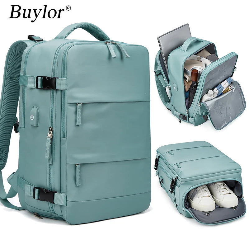 A green Buylor travel backpack with multiple compartments and a shoulder strap, displayed from different angles showing the front, side, and back.