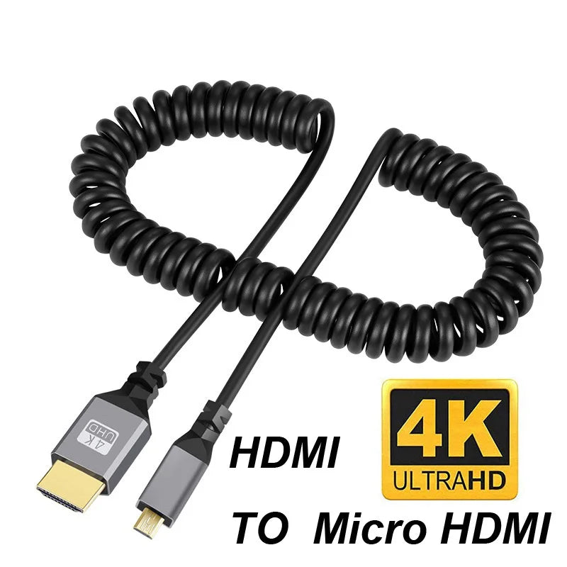 4K@60HZ 0.5-2.4M Micro mini HDMI-Compatible TO HDMI Minihdmi Microhdmi Coiled Extension Flexible Spiral Cable