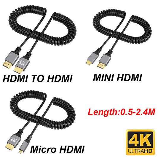 4K@60HZ 0.5-2.4M Micro mini HDMI-Compatible TO HDMI Minihdmi Microhdmi Coiled Extension Flexible Spiral Cable